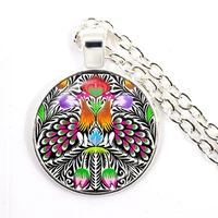 2019 new polish folk art patterns flowers necklace 25mm glass dome cabochon ethnic bohemia pendant jewelry for women gift