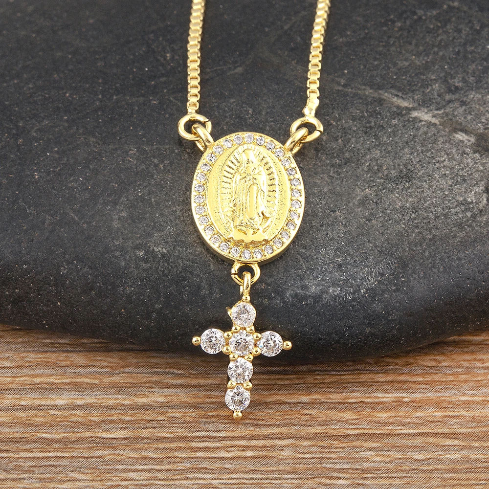 

Nidin Classic Design Gold Plated Zircon Cross Virgin Mary Pendant Chain Necklace For Women Neck Jewelry Party Anniversary Gift