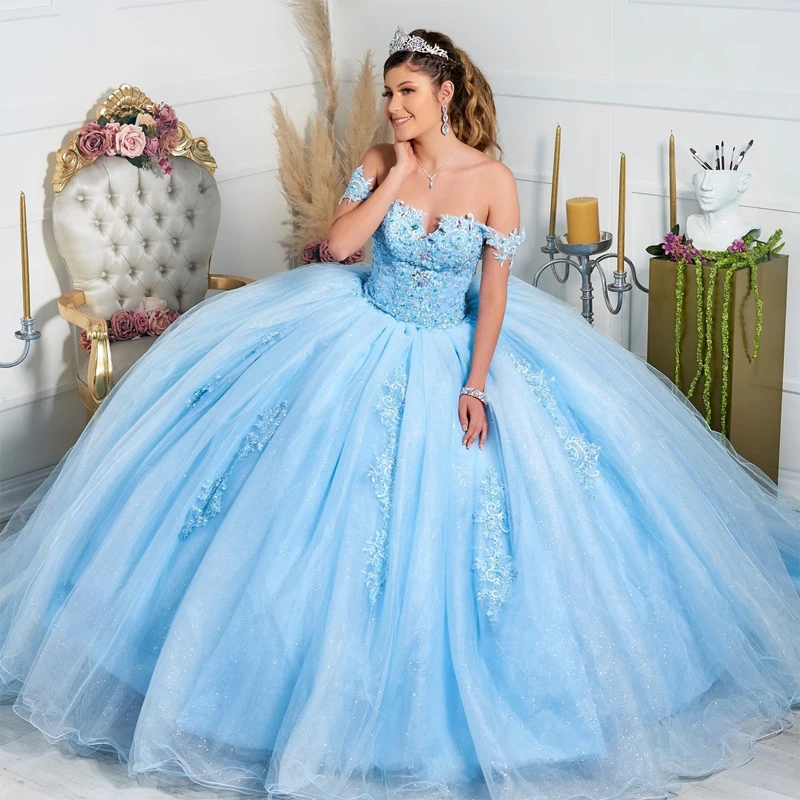 

2023 Sky Blue Princess Quinceanera Dresses Off Shoulder Lace Appliques Crystal Ball Gown Sweet 16 Dresses Vestidos De 15 Años