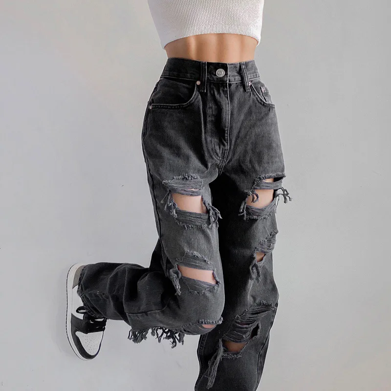 New Streetwear Ripped Jeans Women Hip hop Jeans Women Mid Waist Loose Summer Autumn Baggy Jeans Y2K High Street Cargo Pants Wome