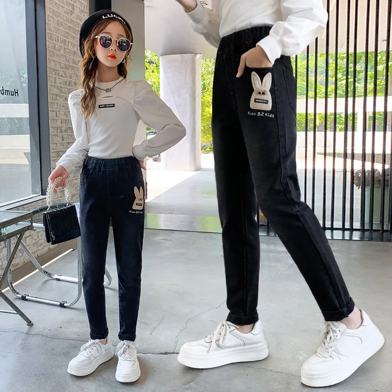 

Брюки для девочек, модные черные джинсы для подростков, Детские облегающие джинсовые брюки, студенческие Детские повседневные джинсы, детс...