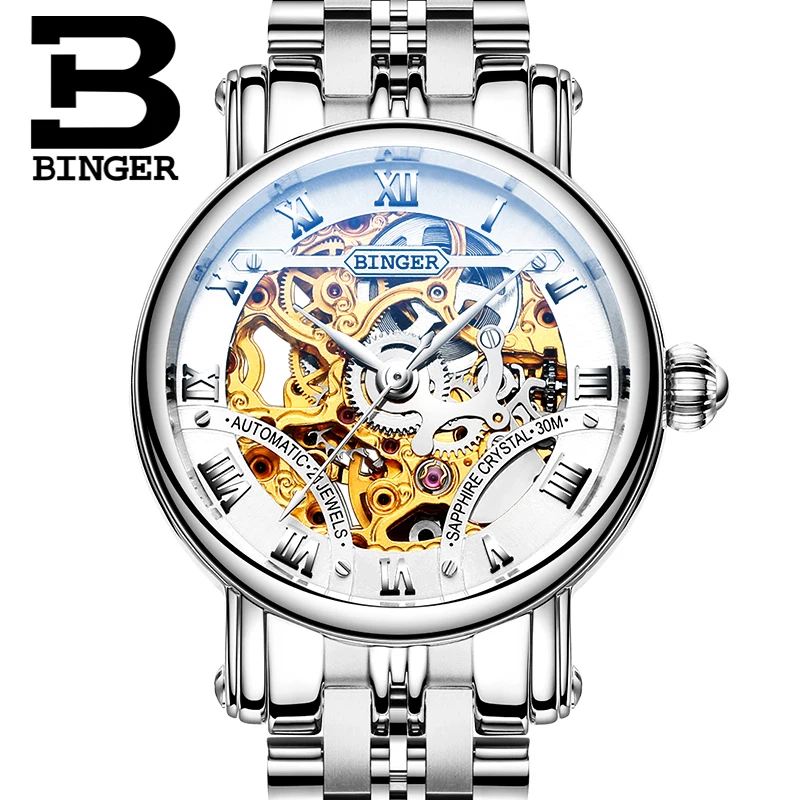 New Switzerland Luxury Brand Women's Watches BINGER Dual Skeleton Automatic Mechanical Sapphire Steel Waterproof Clock B-5066L-6