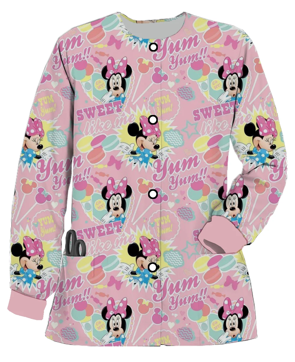 

Ladies Pocket Long Sleeve Round Neck Scrub Jacket Disney Mickey Mouse Minnie Print Dental Pet Shop Nurse Care Worker Coat