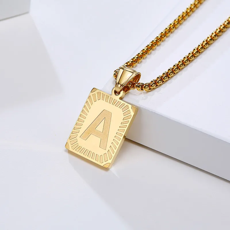 

LETAPI Initial Letters Necklace for Men Stainless Steel 26 A-Z Square Pendant Necklace Hip Hop Male Jewelry