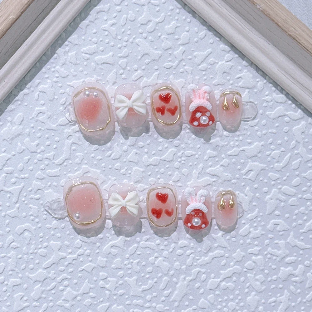 Короткие накладные ногти Sanrio ручной работы Kawaii мягкие девушки розовый жемчуг