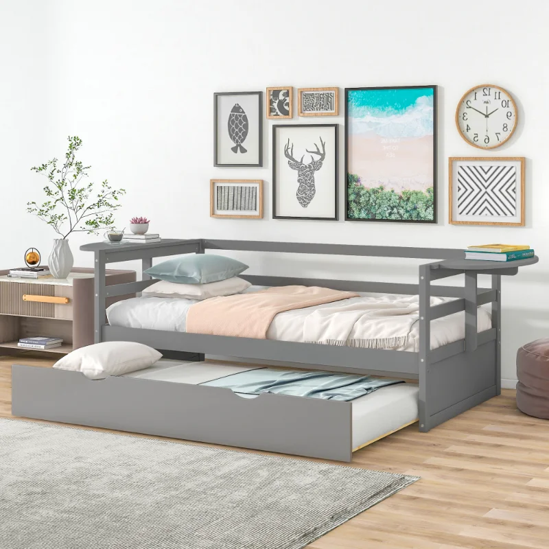 

[Flash Deal]Twin Size Daybed with Trundle and Foldable Shelves on Both Sides Easy To Assemble Foldable Shelves with Trundle