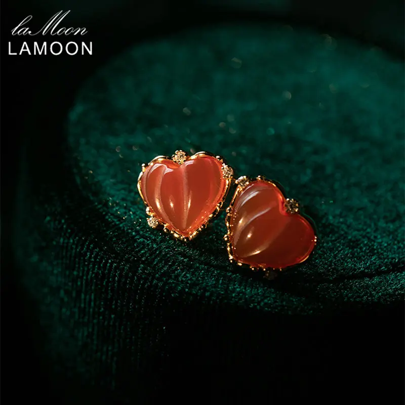 

LAMOON Gemstone Natural Agate Earrings For Women 925 Sterling Silver Gold Plated Sweet Heart Stud Earrings Christmas Gift