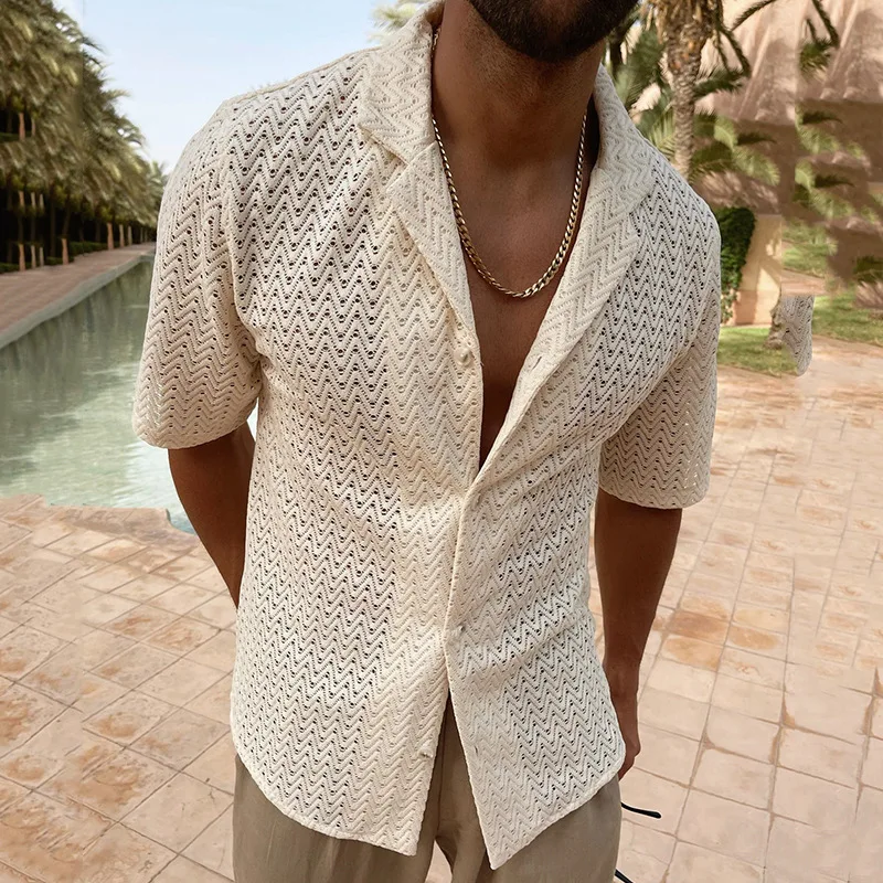 

Мужская трикотажная рубашка на пуговицах, однотонная ажурная рубашка с отложным воротником и цветными рукавами для отдыха, лето-весна 2023