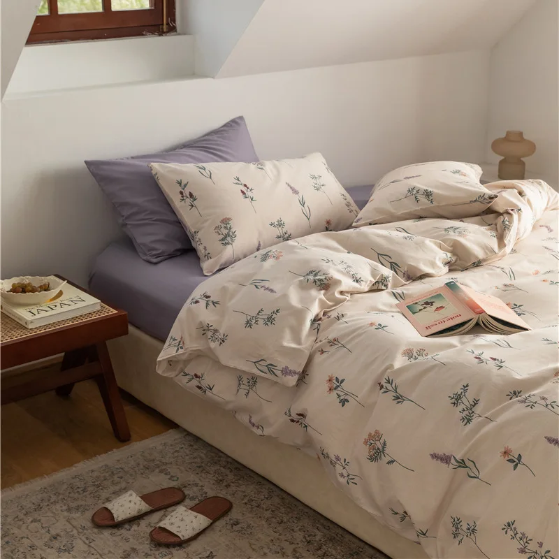 simple Flower Cotton Sheets Bedding Set Cozy Duvet Cover Pillowcase Single Queen Home Textile Double Bed Linen Bedroom Bedding