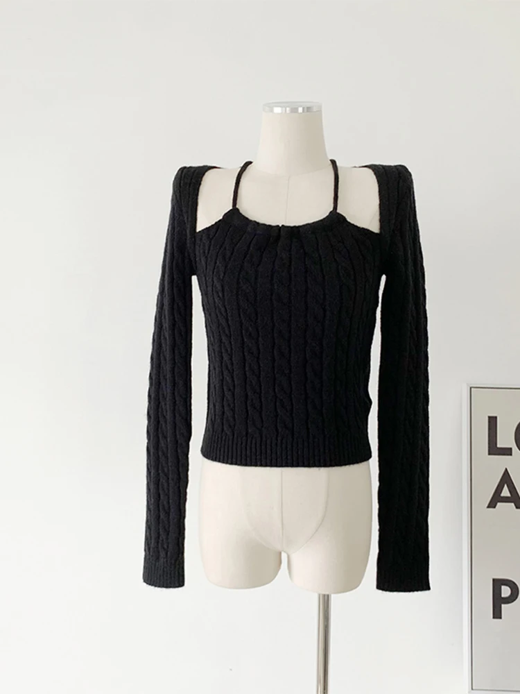 

Женский трикотажный пуловер, однотонный облегающий пуловер с длинным рукавом и лямкой на шее во французском стиле, Осень-зима 2022