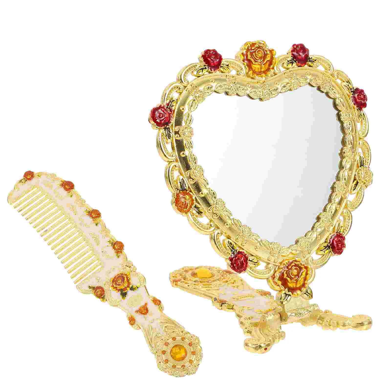 

1 Set/2pcs Handheld Mirror Vintage Mirror Cosmetic Comb for Outside Woman Home Female