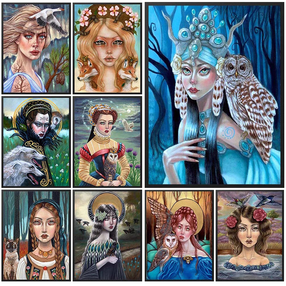

Vintage Magic Girls with Owl Wild Woman Posters Wall Art Canvas Painting Home Decor Wall Pictures For Living Room Unframed