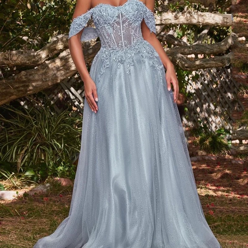 

Sky Blue Glitter Prom Dress A-Line Wedding Dress 3D Floral Lace Long Evening Dress Tulle Prom Dress Vestidos De Fiesta
