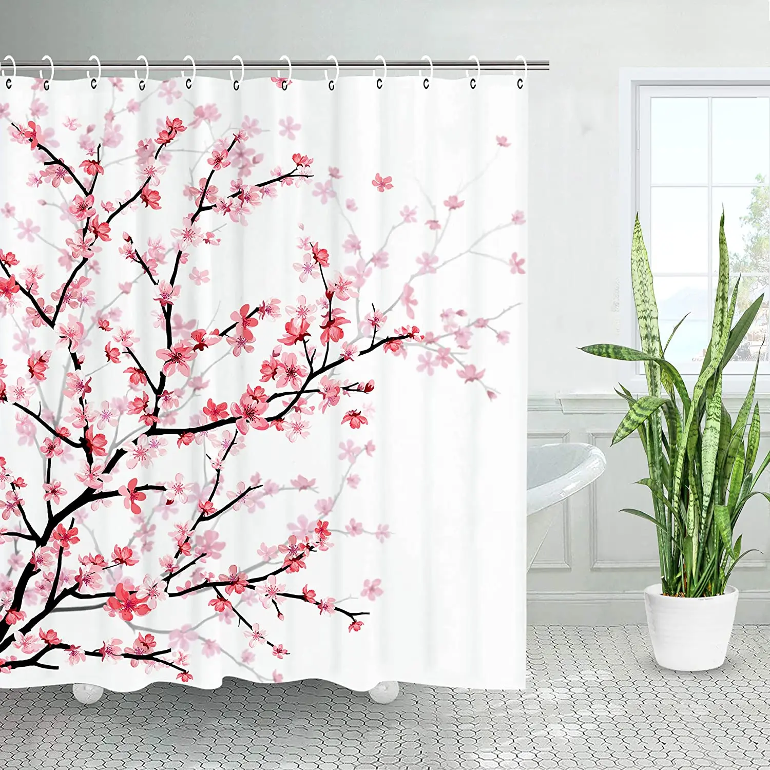 

Pink Floral Shower Curtain Cherry Blossom Bathroom Curtain Fabric Sakura Plum Blossom Bath Curtain Decorative for Bathroom
