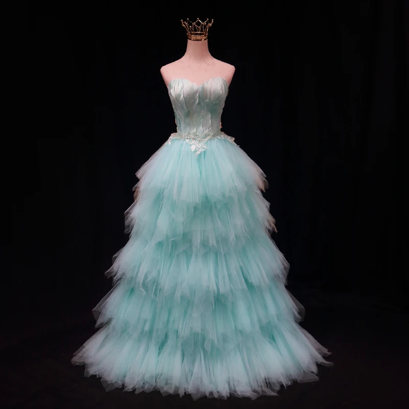 

Evening Dress Green Strapless Sleeveless Feathers Tiered Tulle A-line Floor Length Plus size Lace up Women Party Dresses B2164