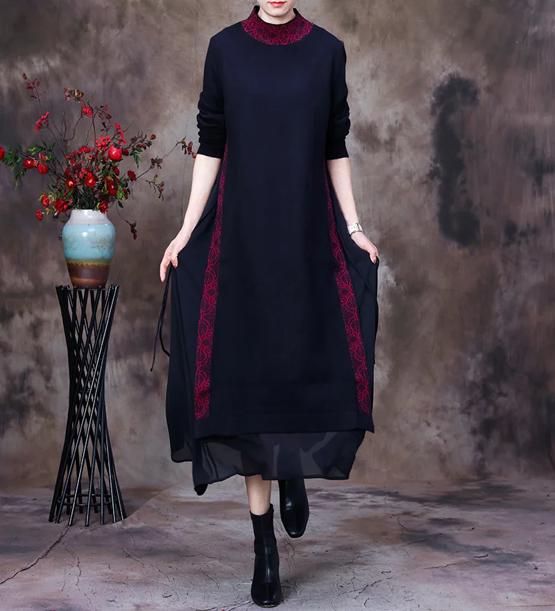 

Vintage Autumn Winter Women O-Neck Long Sleeve Sweater Dress Knitting Patchwork Elegant Maxi Robe Casual Plus Size Clothing