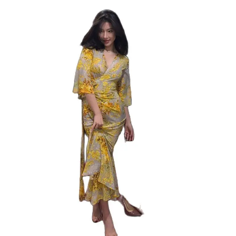 

French Style High Waist V-Neck Floral Ruffles Long Dress Mermaid Flare Sleeve Chic And Elegant Woman Party clothing fashion