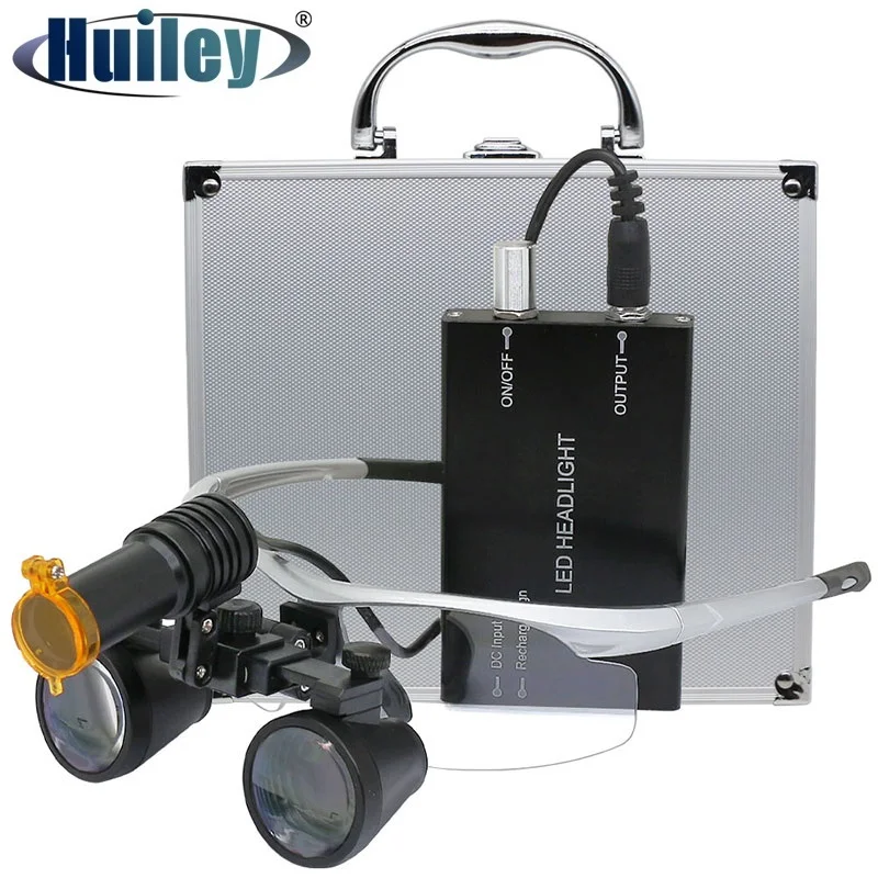 Lupa Dental com 5w Headlght Amarelo Filtro Li-ion Bateria 320420 mm Lupa Binocular com Mala de Alumínio 2.5x 3.5x