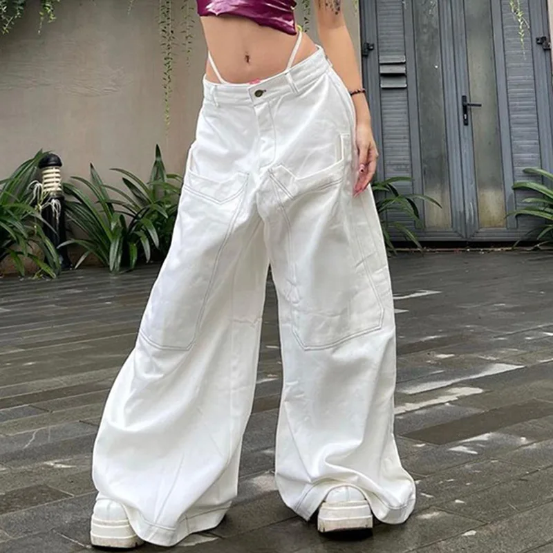 New Collection White Simple Plain High Waist Girls Straight Jean Trousers Pocket Women Cargo Pants Workout Casual Streetwear