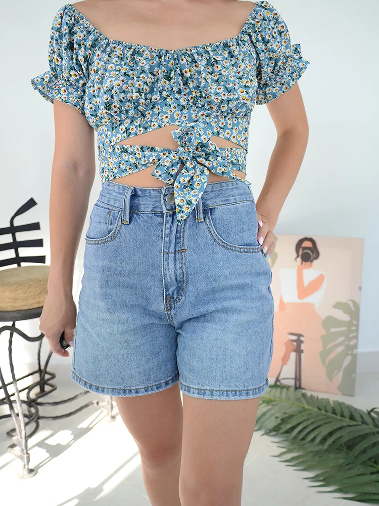 

New Summer Women Casual High Waist Wide Leg Denim Shorts Vintage Jean Shorts