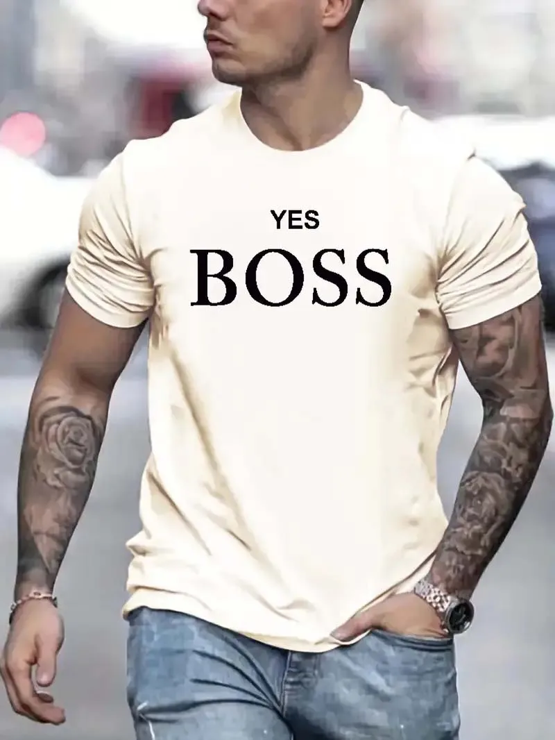 

YES BOSS Letter Pattern Print Men's Medium Stretch T-shirt, Graphic Tee Men's Summer Clothes, Men's Outfits