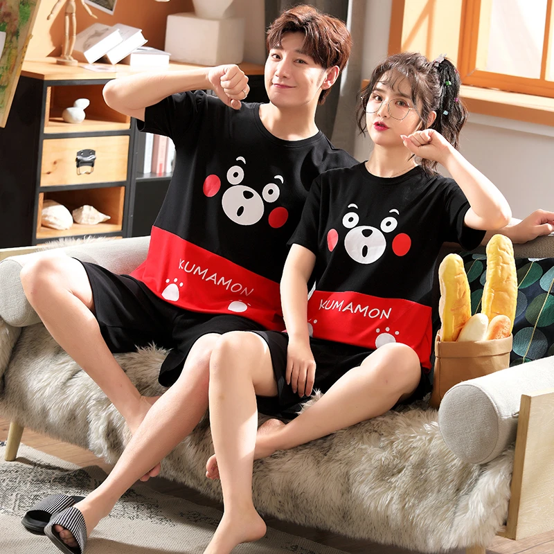 Couple Pajamas Sets Women Pijama Cotton Korean Men Sleepwear Kawaii Cartoon Bear Short Sleeve Lovers Night-Clothes 2PCS Nightwea