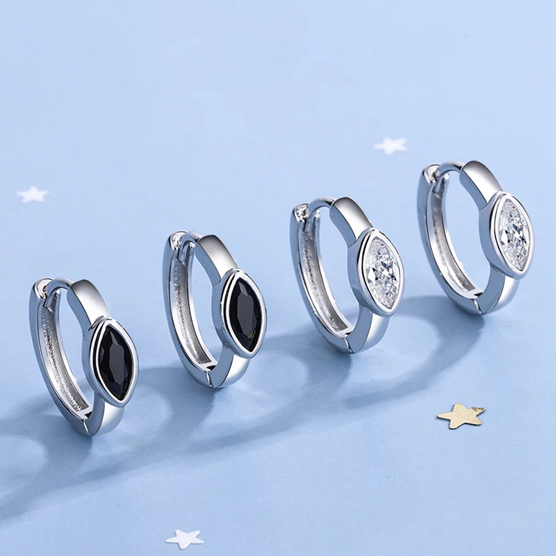 

Simple 925 Sterling Silver Hoop Earring Tiny Shiny Marquise Cut Black White Zircon Crystal Earrings Fashion Jewelry for Women