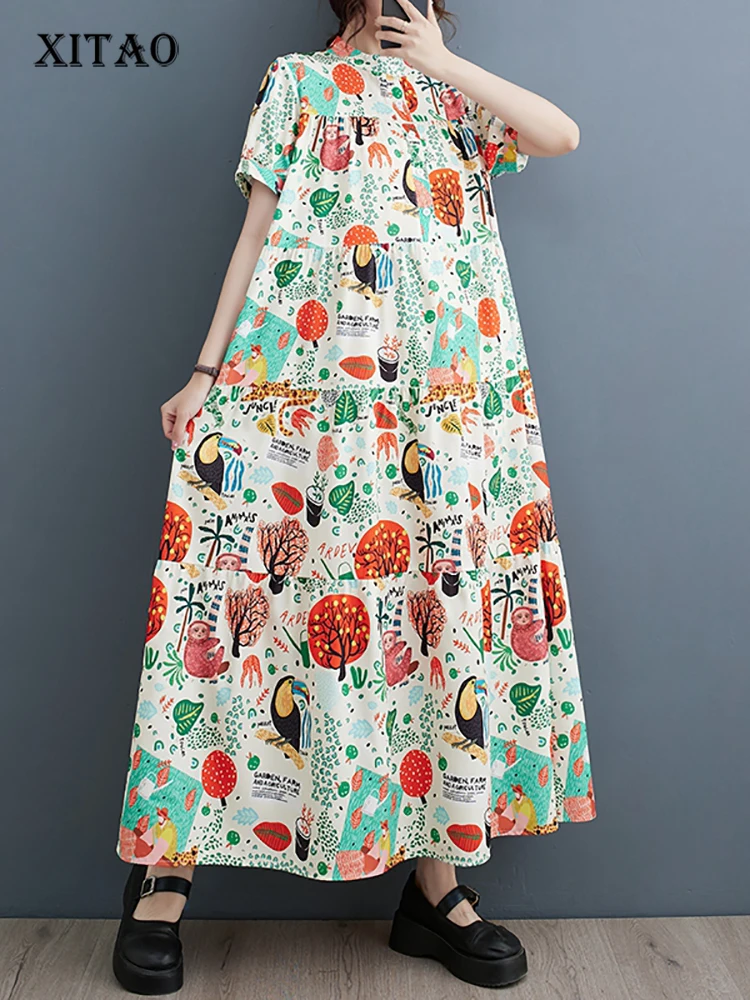 

XITAO Print Patchwork Stand Collar Dress Leeter Pullover Loose Short Sleeve 2023 Summer New Casual Fashion All Match HQQ0876