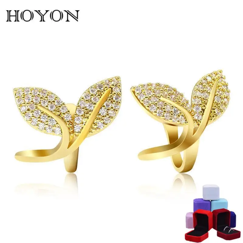 

HOYON Brass Microset Zircon Leaf Cuffs 18K Gold Color Niche Earrings for Women 2022 New Year Jewelry No Ear Acupuncture Free