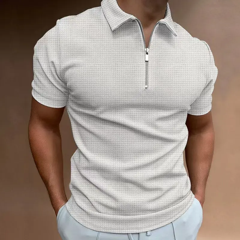 

2022 Summer Men's Slim Polo Shirt Fashion Striped Patchwork Short Sleeve Tops For Men Casual Turn-down Collar Zip-up Polo Shirts