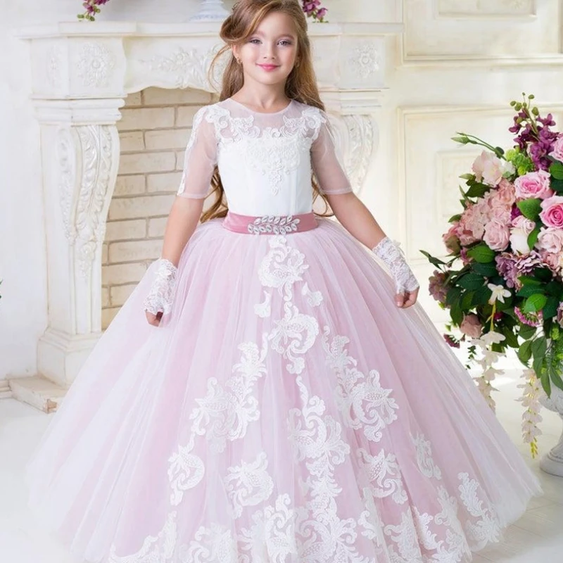 

Роскошное розовое и белое платье с цветочным рисунком для девочек, винтажное кружевное платье с коротким рукавом и цветочным рисунком для свадьбы, дня рождения, вечеринки, конкурса, платья принцессы