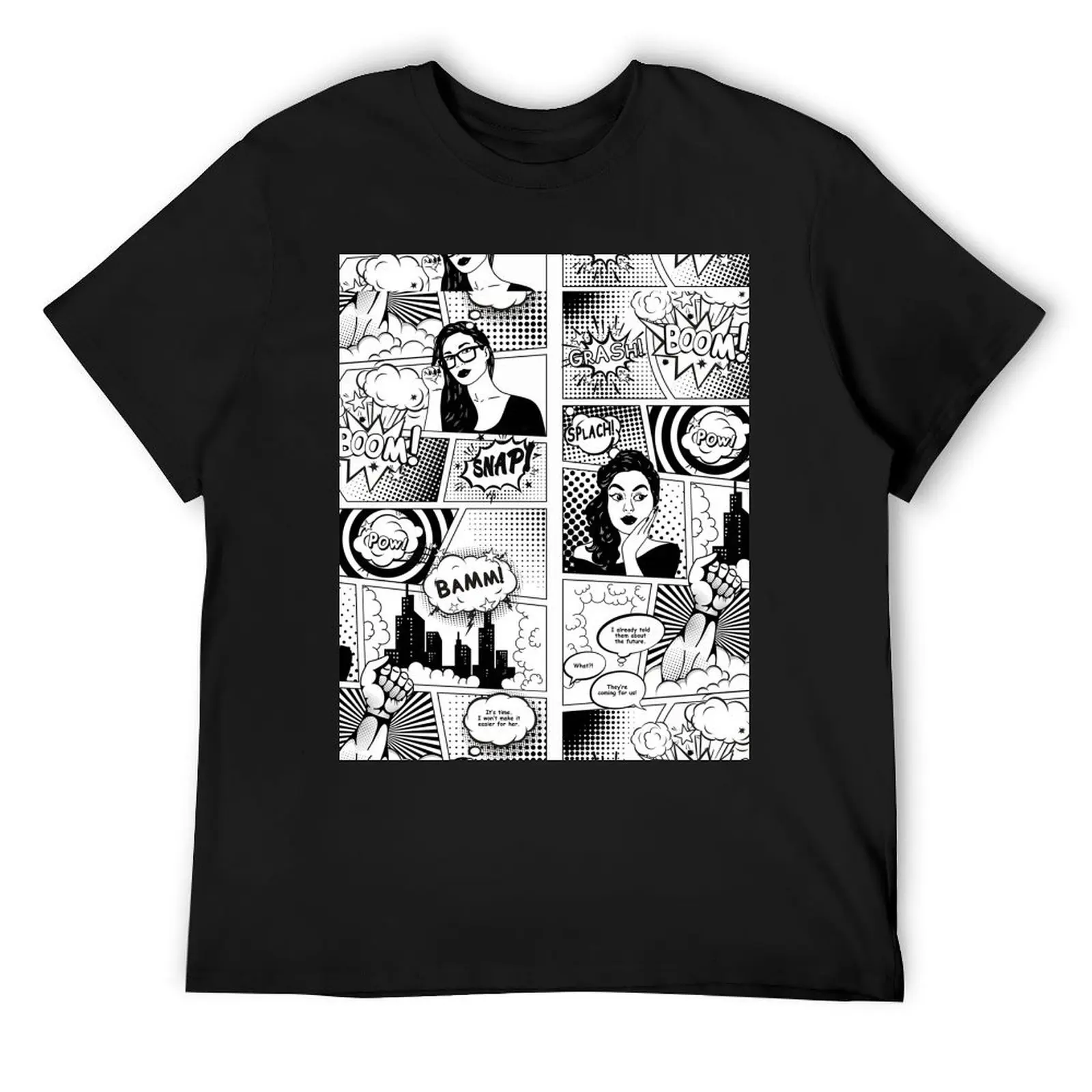 Черно-белая футболка с комиксами в стиле поп-арт |