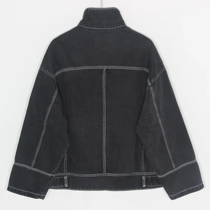 

Fashion Autumn Loose Black Denim Women Stand Collar Big Pocket Jeans Jacket Coat Female Chaquetas Mujer Student Outerwear