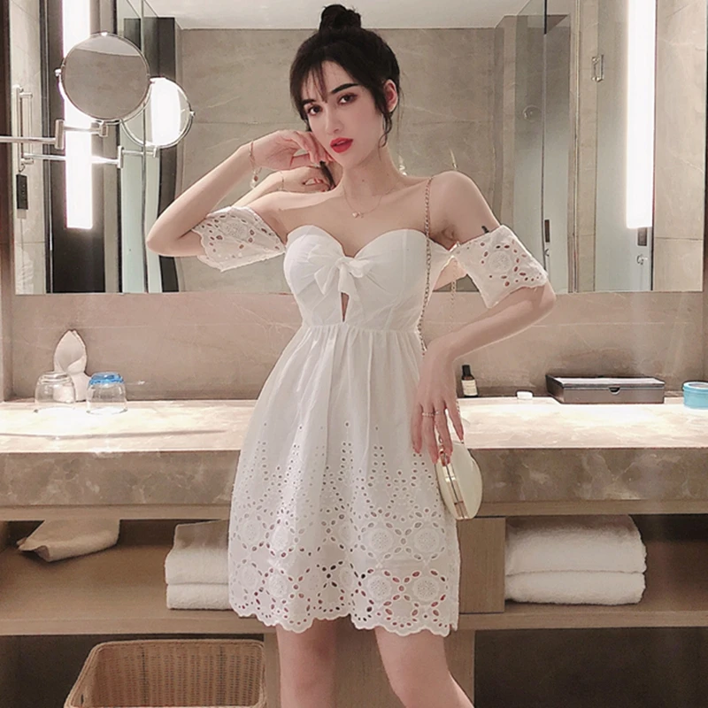 

Elegant Women Summer Solid Color Club Party Dress Hollow Out Design Off The Shoulder Slash Neck Short Sleeve Slim Mini Dress