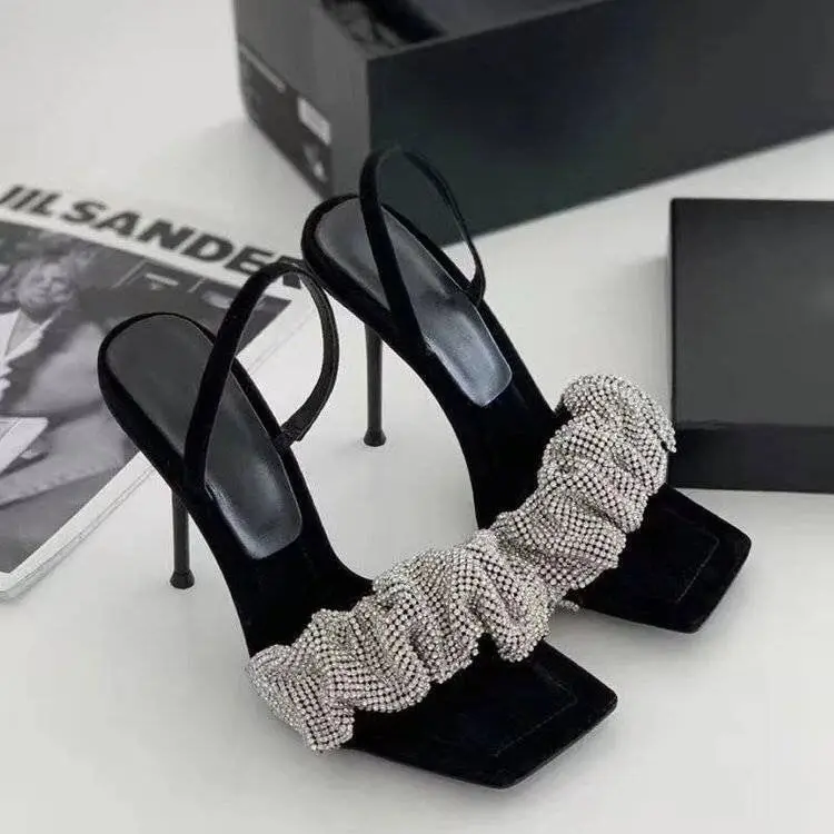 

Luxurious French Women's Rhinestones Stiletto Sandals Fashion Grace Black Square Head 7 Cm 9 Cm Banquet Party Dress High Heel