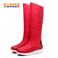winter warm genuine leather women platform snow boots red black crystal casual travel lady wedge flat heel plush knee high boots