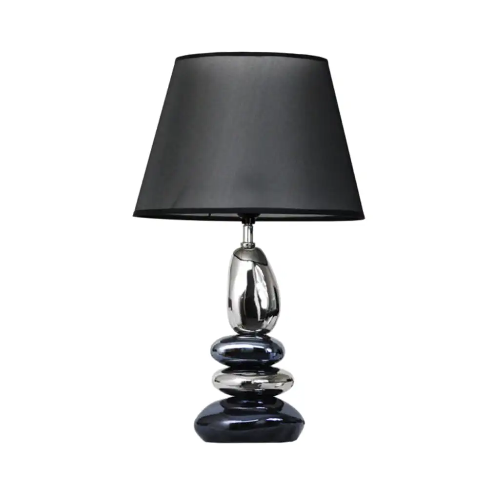 

Stacked Chrome and Metallic Blue Stones Ceramic Table Lamp with Black Shade