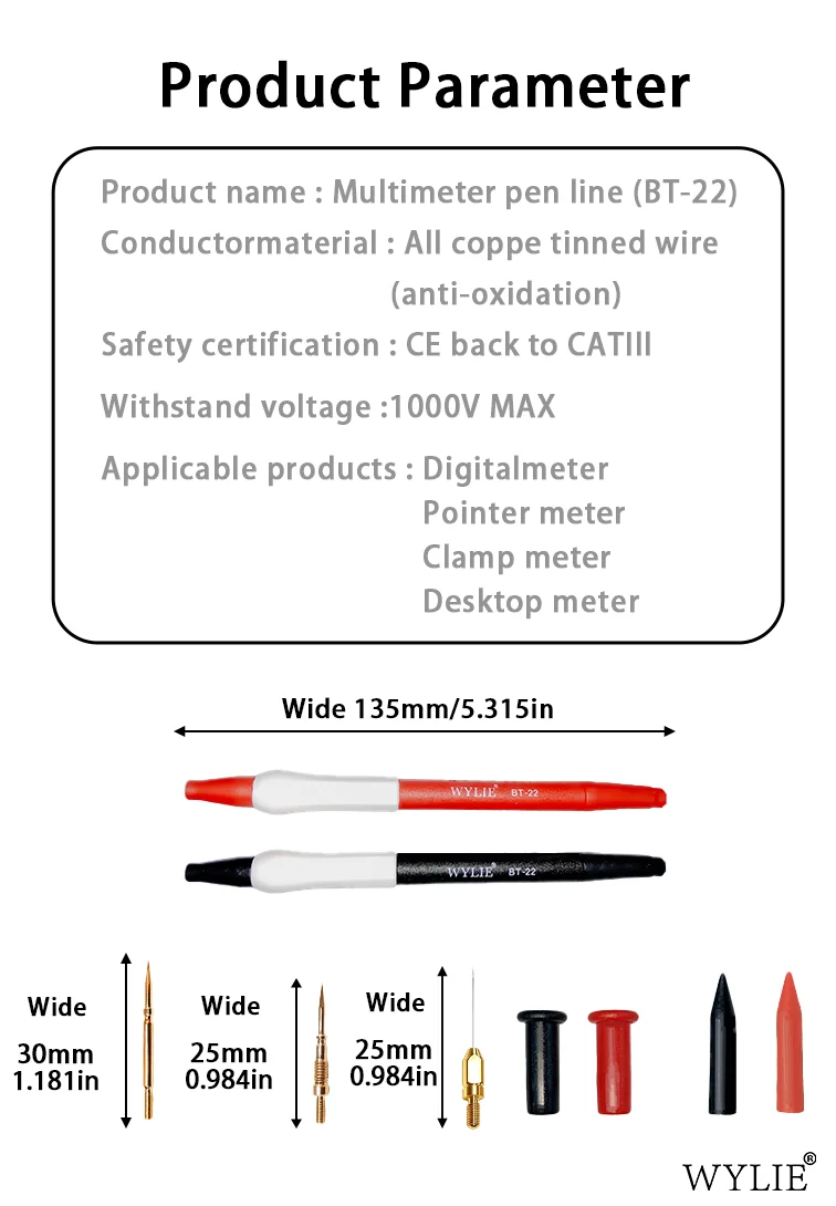 Измерительные провода WYLIE BT-22 для мультиметра, 1000В 20А, устойчивые к высокому напряжению, сменные игольчатые щупы для тестирования электронных цепей. (art.: 3920dd05f36bf) - 3920dd05f36bf