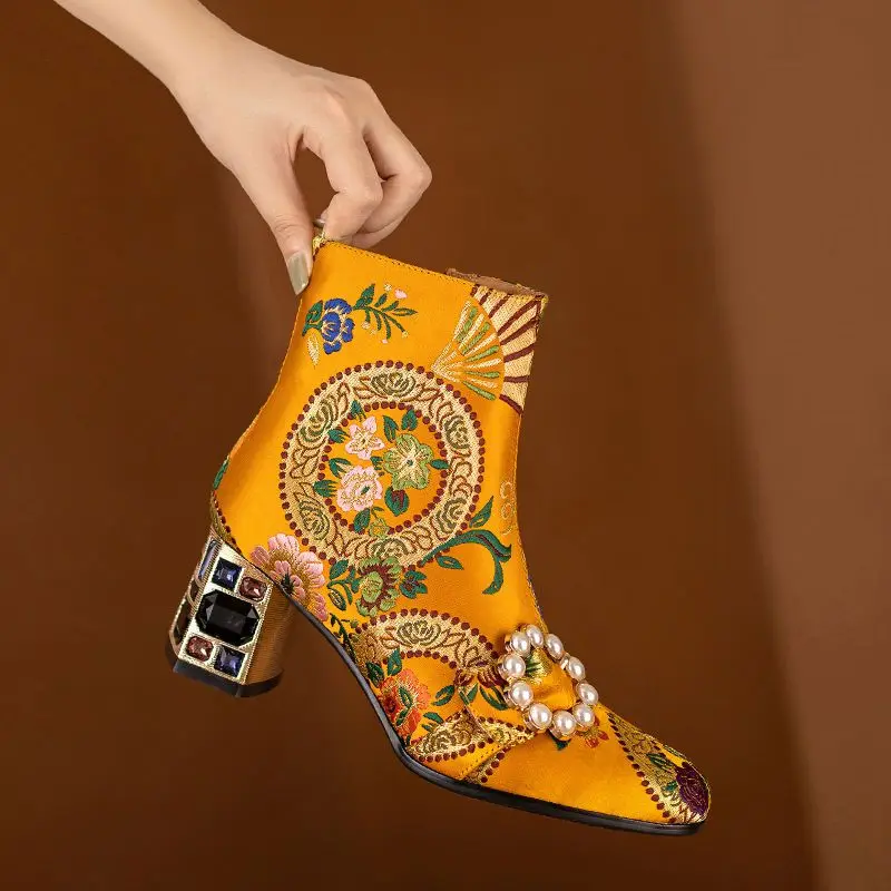 FHANCHU 2022 Chinese Style Women Ankle Boots,Fashion Embroidery Shoes,High Heels Short Botas,Pointed Toe,Black,Yellow,Dropship