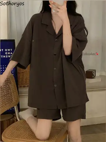 Пижамный комплект Женский, однотонная простая свободная Ночная рубашка в Корейском стиле, удобная домашняя одежда в стиле унисекс, с отложн...