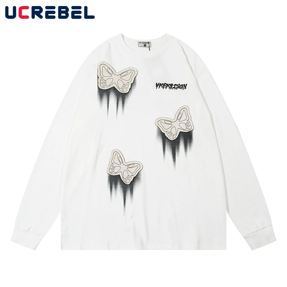 

Butterfly Pattern Casual Long Sleeve T-shirt Mens Autumn Loose Double-sided Printing Crew Neck Cotton Tee Men