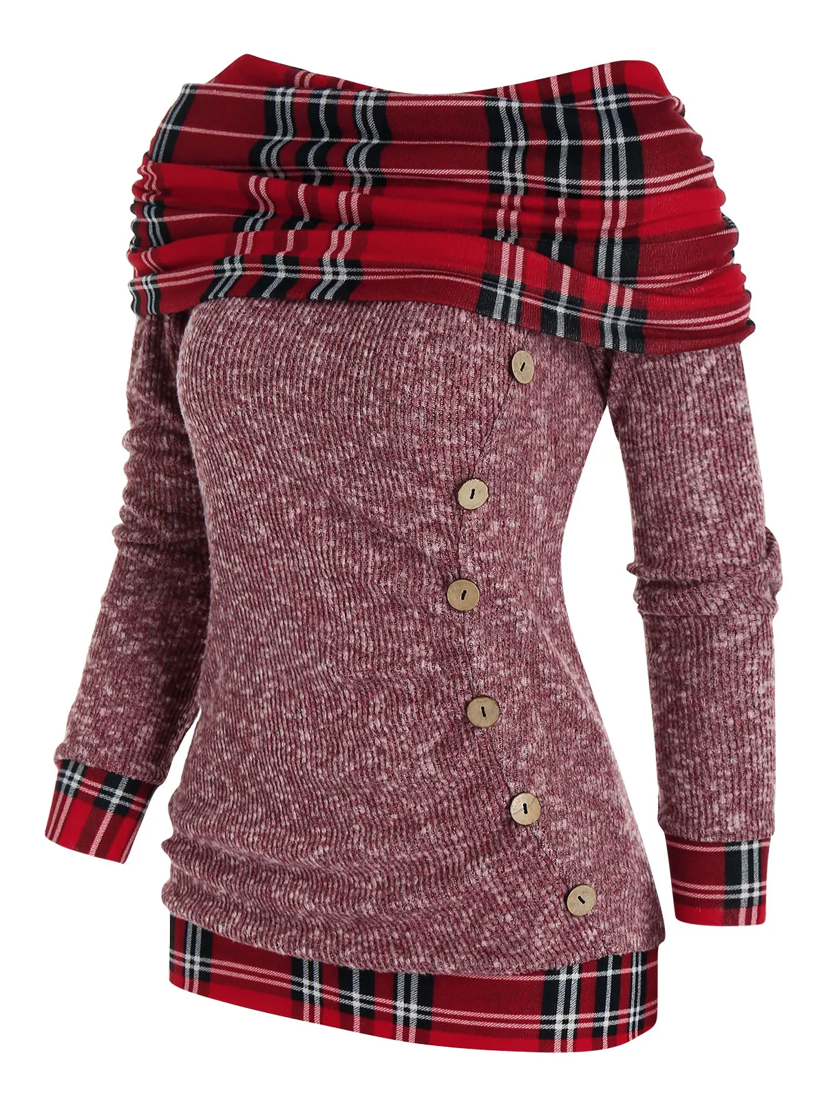 

Plaid Convertible Neck Button Embellished Asymmetrical T-shirt Women Long Sleeve Draped Casual Tunic Tee Fall New