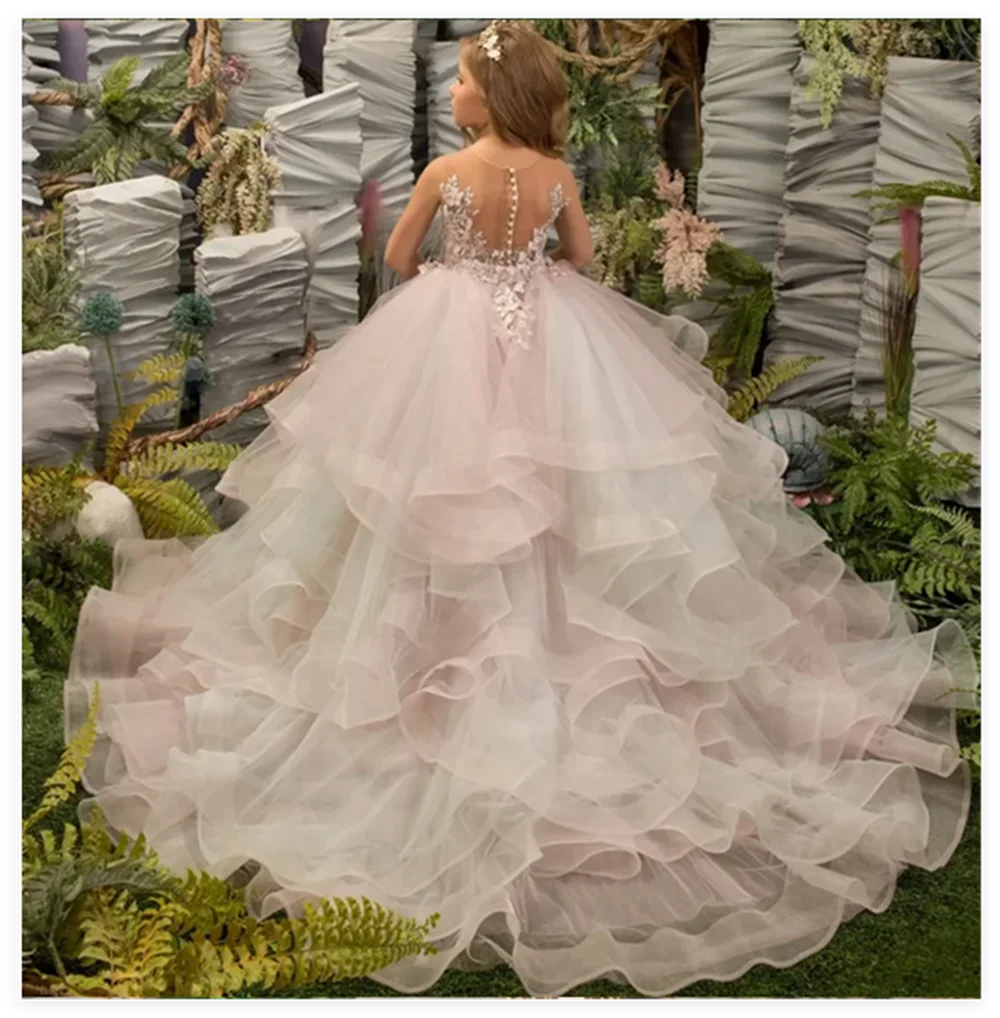 Bloemenmeisje Jurken Tule Gezwollen Gelaagd Met Bloemen Patroon Tailing Mouw Mloos Voor Bruiloft Verjaardag Banquetementerirs Jur