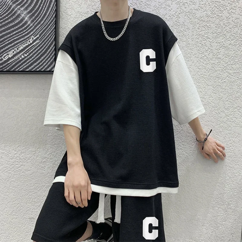 Men Hip Hop Tracksuits Patchwork Short-sleeved Shirt Summer Fake Two Pieces Set Unisex Youth Letter Print Male Sports Suits