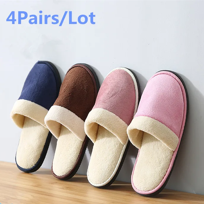 

4Pairs/Lot Winter Cotton Slippers Men Women Hotel Disposable Slides Home Travel Hospitality SPA Footwear Guests Slipper One Size