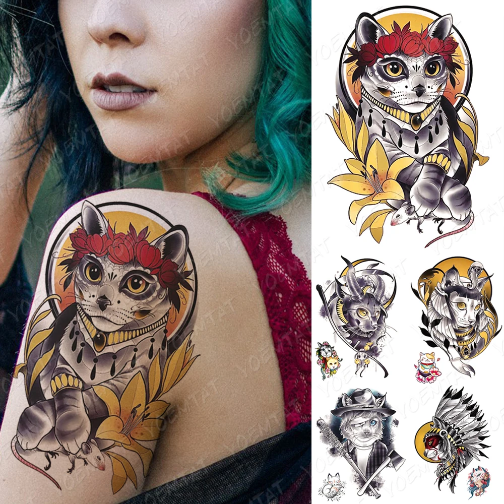 

Waterproof Temporary Tattoo Stickers Egyptian Cat Demon Cat Tribal Cat Tattoo Body Art Fake Tatto Men Women 3D Cute Sexy Tattoos