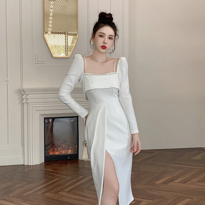 Купи KAVISSO White Square Neck Dress Women's 2022 Autumn Long Sleeve High Quality Slit Design Fashion Black Party Dress Female за 1,434 рублей в магазине AliExpress