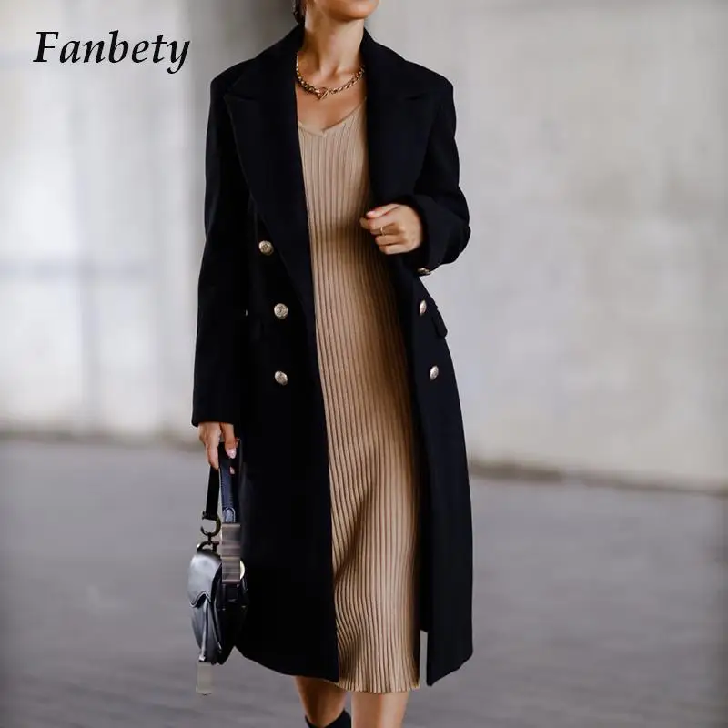 

Осень 2022, шерстяное пальто с отворотом и длинным рукавом, Женский блейзер средней длины с декоративными карманами, зимнее однотонное прямое...