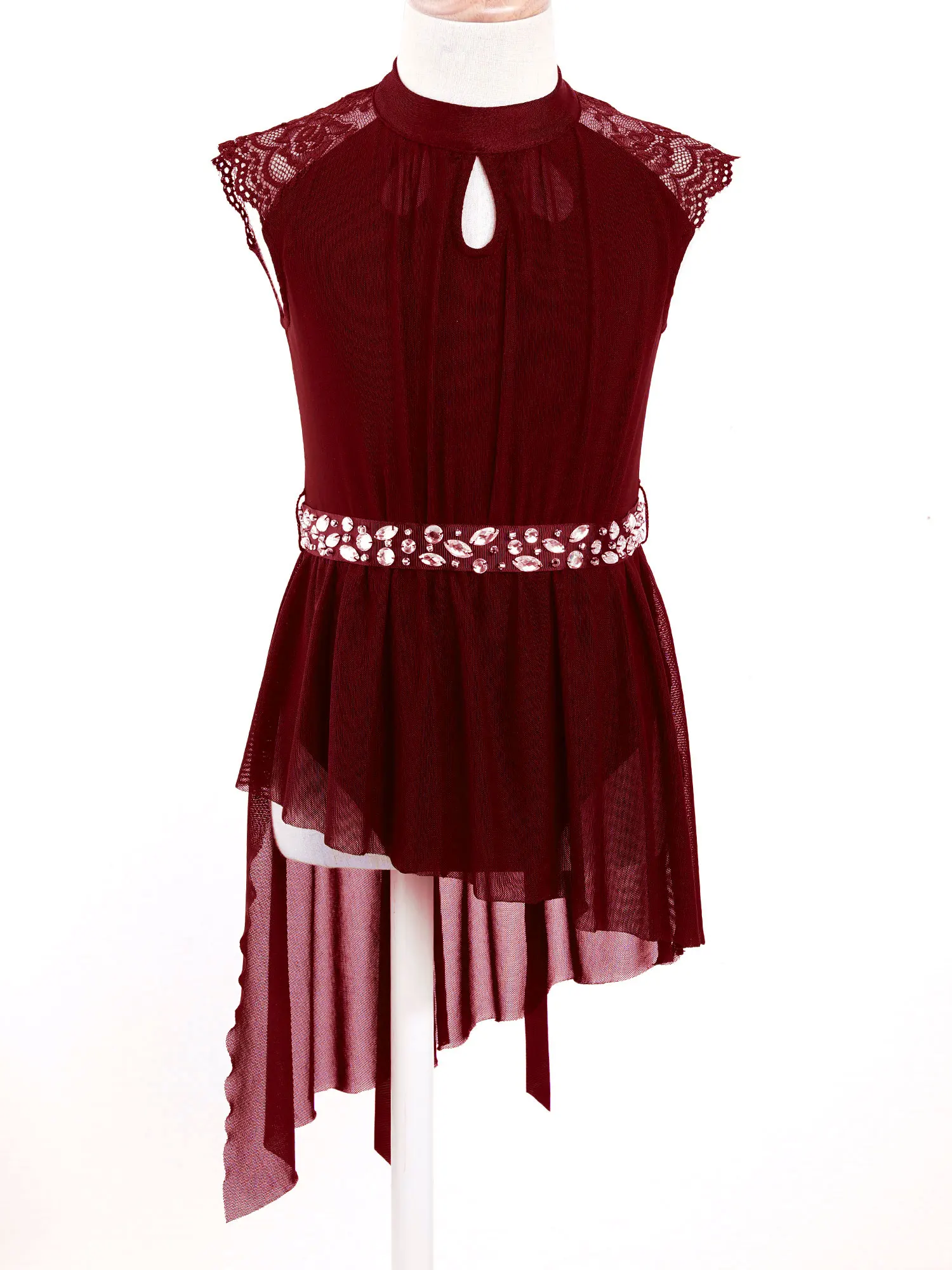 Kids Girls Contemporary Lyrical Dance Dress Lace Cap Sleeve Asymmetrical Tulle Skirt Leotard Ballet Costume Performance Wear