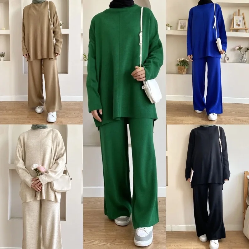Ramadan Autumn Winter Knitted Muslim Sets Women Dress Abaya 2 Piece Sweater Pant Set Turkey Party Kaftan Islam Modest Outfits